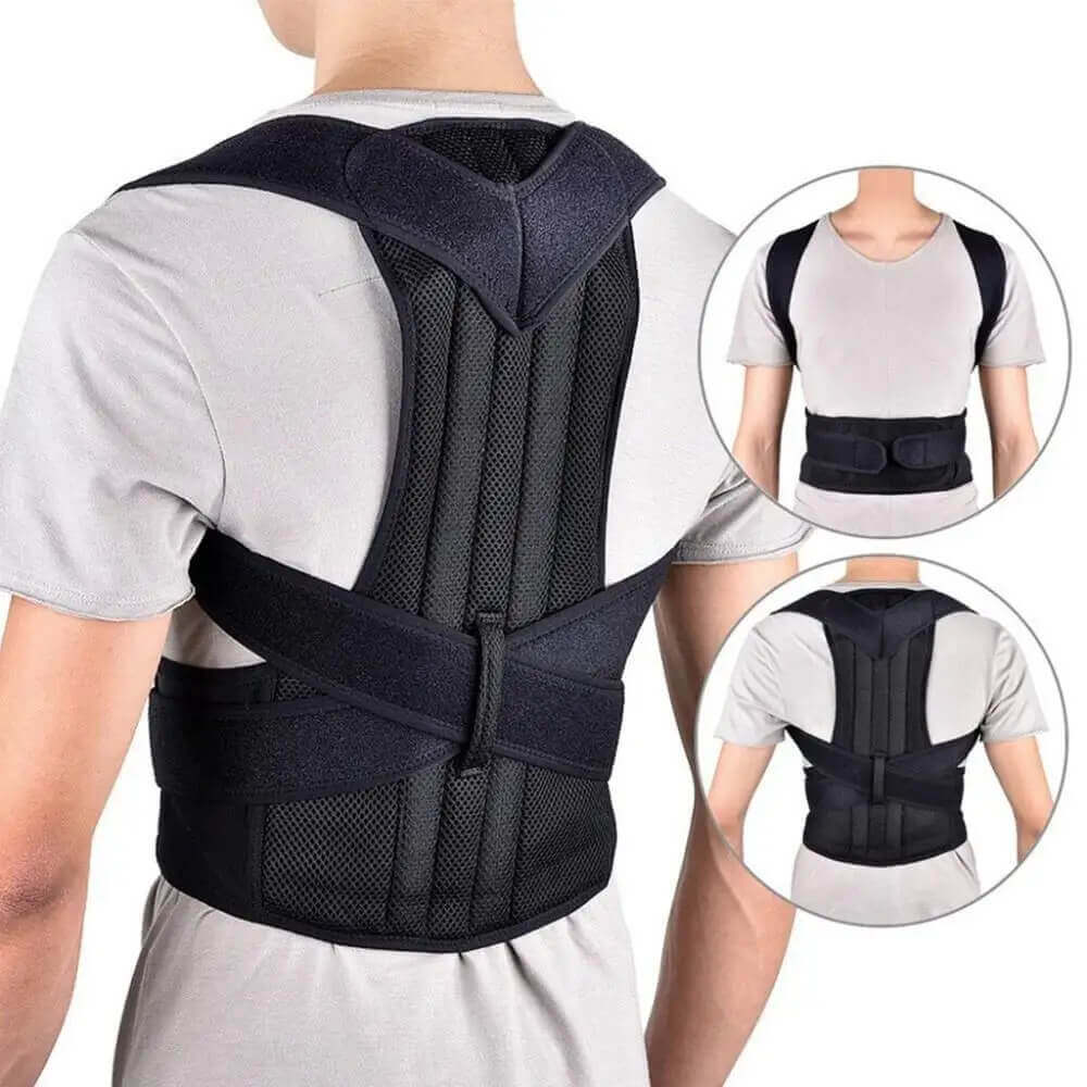 Man wearing a black posture corrector with adjustable straps, shown from front and back views