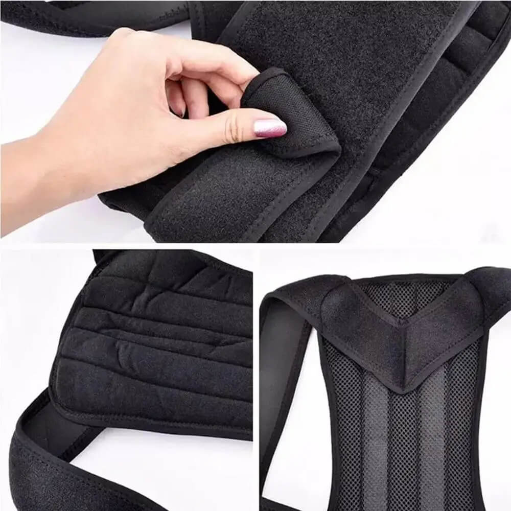 Close-up of adjustable black posture corrector showing padded straps, breathable mesh, and Velcro fastening design