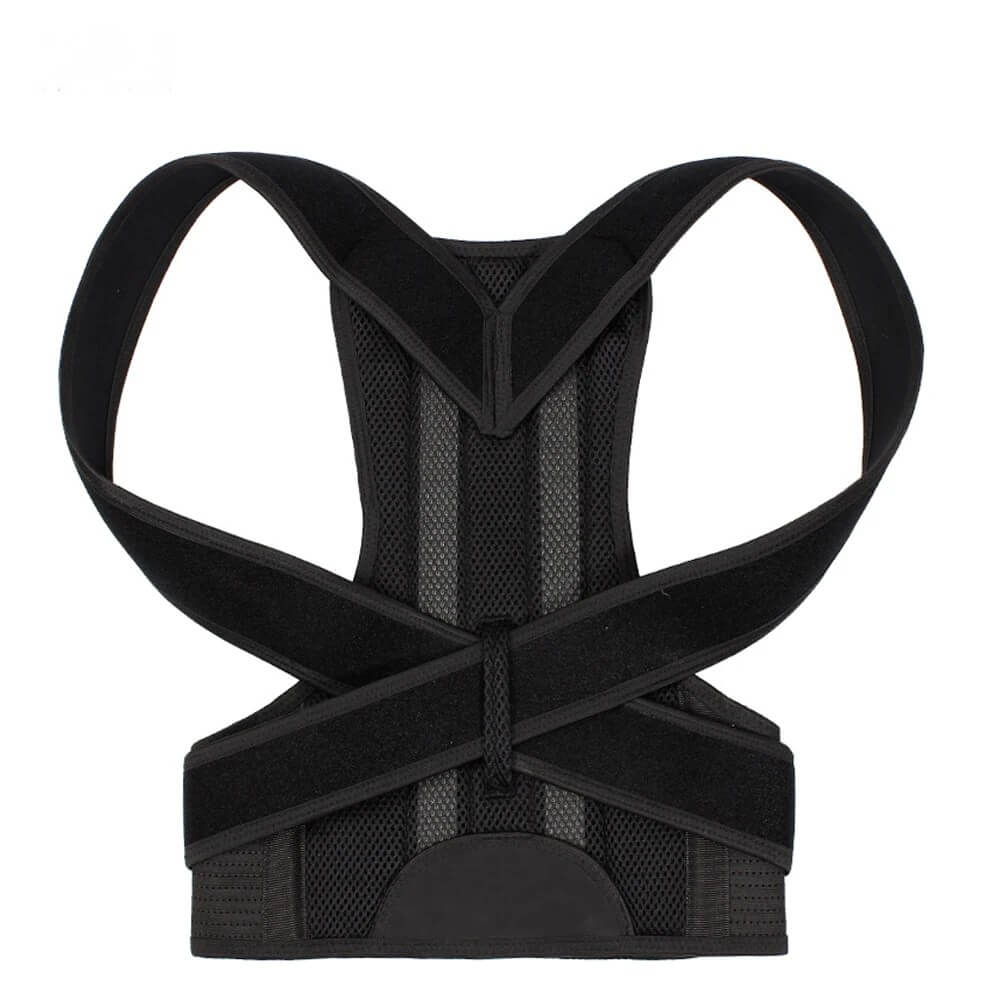 Black posture corrector brace with adjustable straps for back support and spine alignment